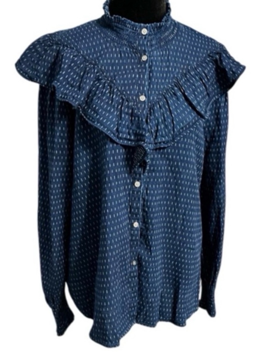 LOFT Blue & White Dotted Ruffle Blouse, Size L 100% cotton